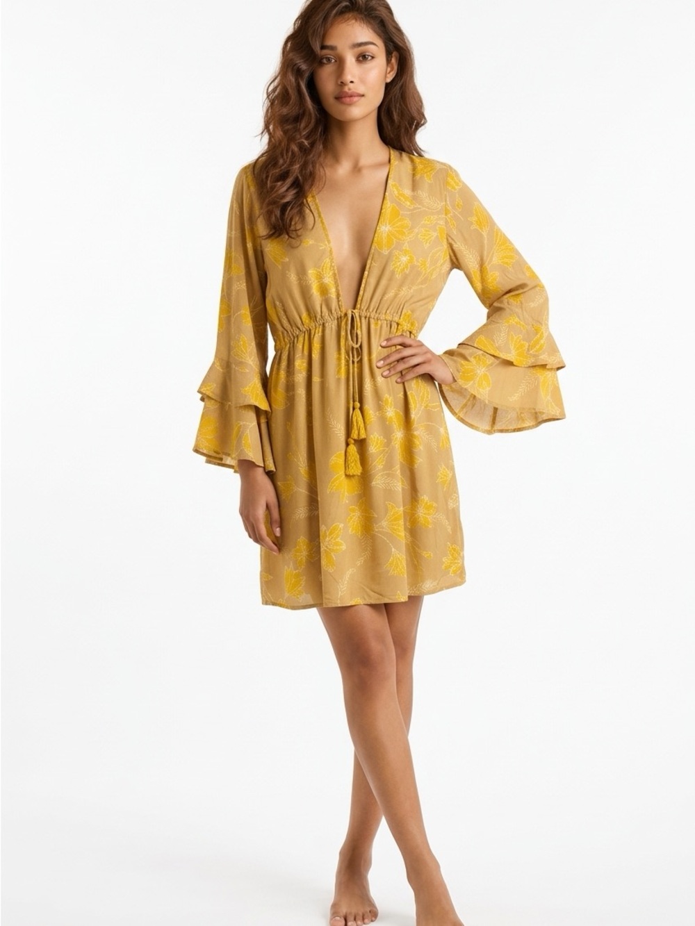 Blue Island Women's Small Bell Sleeve Swimsuit Cover Up Dress Yellow Brown